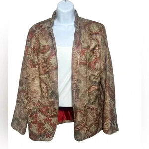 Coldwater Creek Jacket Button Up Mandarin Collar Retro Print Pockets Lined